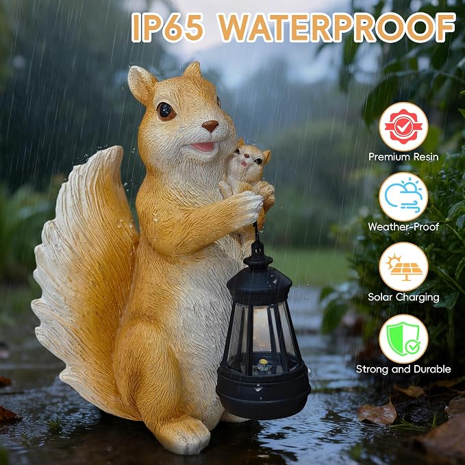 Solar Garden Statues Outdoor Decor – Cute Squirrel Statue with LED Lights, Waterproof Animal Figurine Lawn Ornament for Yard, Patio or Porch, Garden Decor Gift for Women & Mom