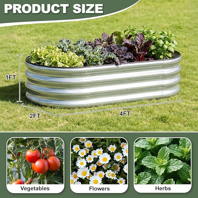 Galvanized Raised Garden Bed- Planter Garden Boxes Outdoor, Raised Beds for Gardening, 4x2x1ft Metal Garden Bed Kit for Vegetables Flower, Planter Raised Bed with Protective Tape & Tools.Silver-4pack