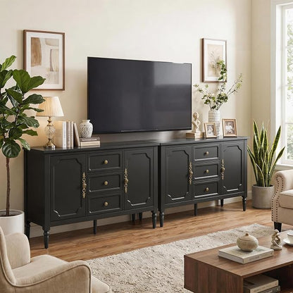 RoyalCraft Buffet Cabinet with 2 Doors & 3 Drawers, Vintage Sideboard with Storage, Painted Coffee Bar Table with Solid Wood Legs, Ideal for Kitchen, Living Room, Dining Room, Black