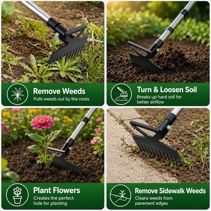 Premium 59" Long Handle 2-in-1 Weeding Tools for Garden, Patio & Path - Wheel Hoe & Rake, 11-Tine Stand Up Weed Puller, Heavy Duty Hand Weeder & Cultivator for Grass, Grandpas Fathers Dad Gift