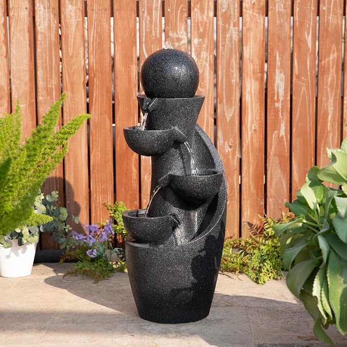 Glitzhome Outdoor Water Fountain with LED Light & Pump, Modern 5-Tier Bowl and Sphere Polyresin Outdoor Fountain, 33.5" Cascading Waterfall Fountain Water Feature for Porch Deck Patio Backyard Decor