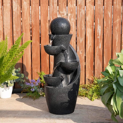 Glitzhome Outdoor Water Fountain with LED Light & Pump, Modern 5-Tier Bowl and Sphere Polyresin Outdoor Fountain, 33.5" Cascading Waterfall Fountain Water Feature for Porch Deck Patio Backyard Decor