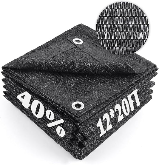 Cool Area 40% Sun Shade Cloth Mesh Tarp with Grommets for Plant Cover 12x20ft Patio Canopy Garden Pergola Greenhouse Car Barn Kennel Black