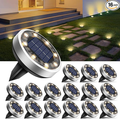 btfarm 16 Pack Solar Lights Outdoor, 8 LED Solar Ground Lights IP65 Waterproof Flat Solar Disc Light, Pathway Lights for Garden Lawn Patio Yard Path Landscape, Warm White