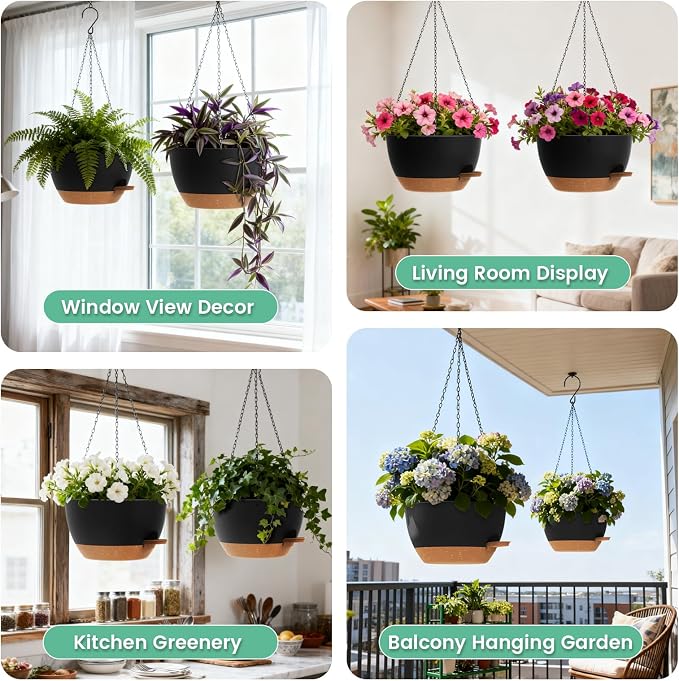 UOUZ 13 Inch 2 Pack Large Self Watering Hanging Planters for Indoor Outdoor Plants, Hanging Plant Pots with Removable 50 Oz Reservoir, Plastic Hanging Basket for Window Porch Garden, Black with Brown