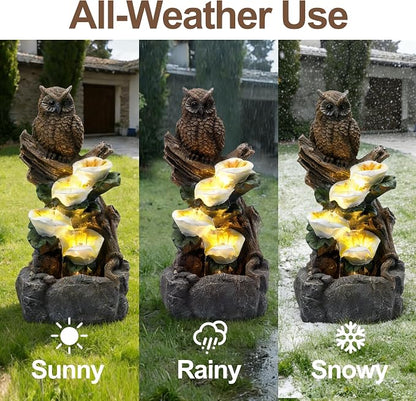 28" Outdoor Water Fountain with Led Lights, 4-Tiered Owl & Calla Lil Water Fountain, Outdoor Garden Waterfall Decor for Garden, Patio, Courtyard