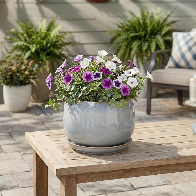 9 Inch Ceramic Pots for Plants - Indoor Plant Pots with Drainage and Saucer, Decorative Planters for Indoor Plants, Round Large Flower Pot, Rustic Home Decor, Housewarming Gifts, Grey-White