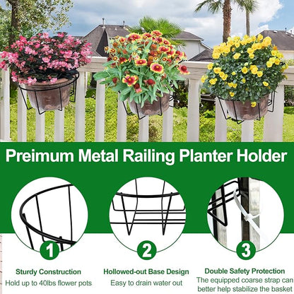 Adjustable Hanging Railing Planter, 3 Pack Fit 1.5 to 4.5 Inches Railing, Weather-Resistant Metal Balcony Rail Planters, Work for Outdoor Fence Deck Garden Patio Halloween Christmas Decor