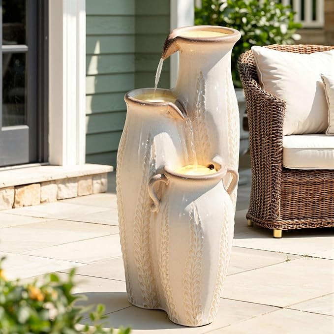 29.5" H Ceramic Outdoor Water Fountain with LED Lights, 3-Tier Vase Cascading Water Feature, Beige Glaze with Embossed Leaf Patterns, Tranquil Waterfall for Garden, Patio, Yard, or Porch