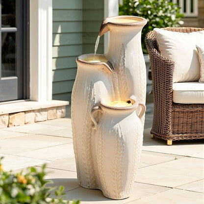 29.5" H Ceramic Outdoor Water Fountain with LED Lights, 3-Tier Vase Cascading Water Feature, Beige Glaze with Embossed Leaf Patterns, Tranquil Waterfall for Garden, Patio, Yard, or Porch