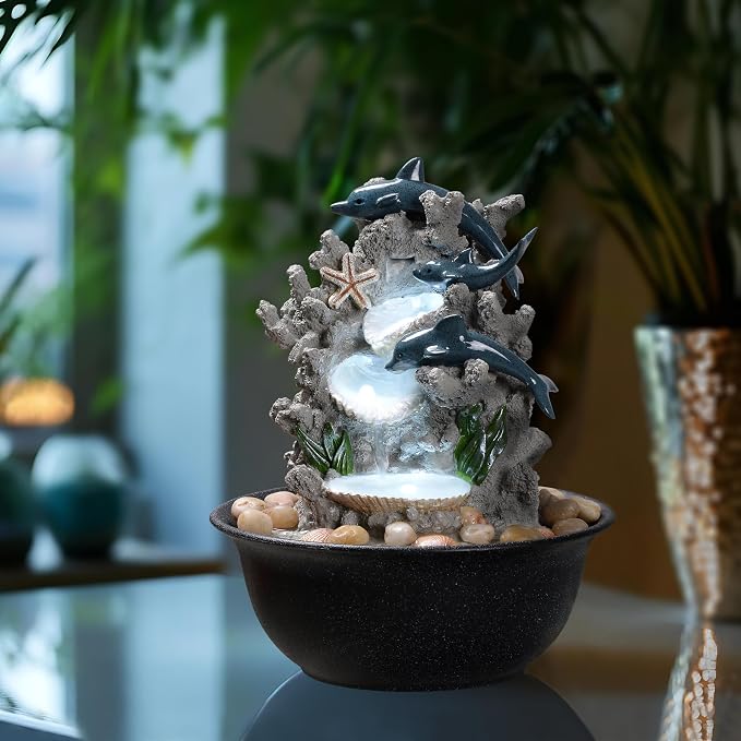 Indoor Tabletop Dolphin Water Fountain with LED Light – Ocean Theme Desk Decor and River Rocks, Relaxing Sound Machine for Sleep & Office, Zen Home Décor Gift for Women, Living Room Decoration