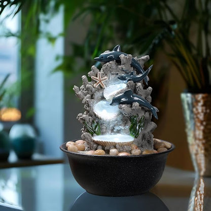 Indoor Tabletop Dolphin Water Fountain with LED Light – Ocean Theme Desk Decor and River Rocks, Relaxing Sound Machine for Sleep & Office, Zen Home Décor Gift for Women, Living Room Decoration