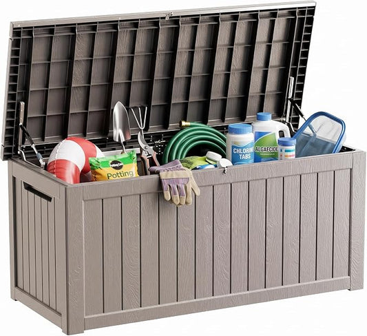 280 Gallon Outdoor Storage Box Waterproof, Lockable Resin Deck Box Large Storage Bin for Patio Furniture Cushion, Garden Tools, Pool Accessories, UV-Resistant Outside Delivery, Grey