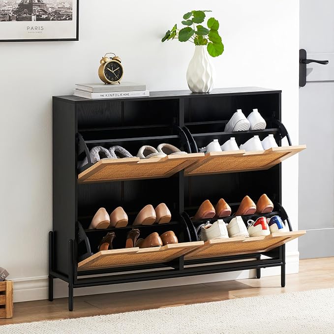 coucheta 4 Flip Drawers Shoe Storage Cabinet, Rattan Shoe Organizer with Metal Legs, Freestanding Narrow Shoe Rack Cabinet for Entryway, Black