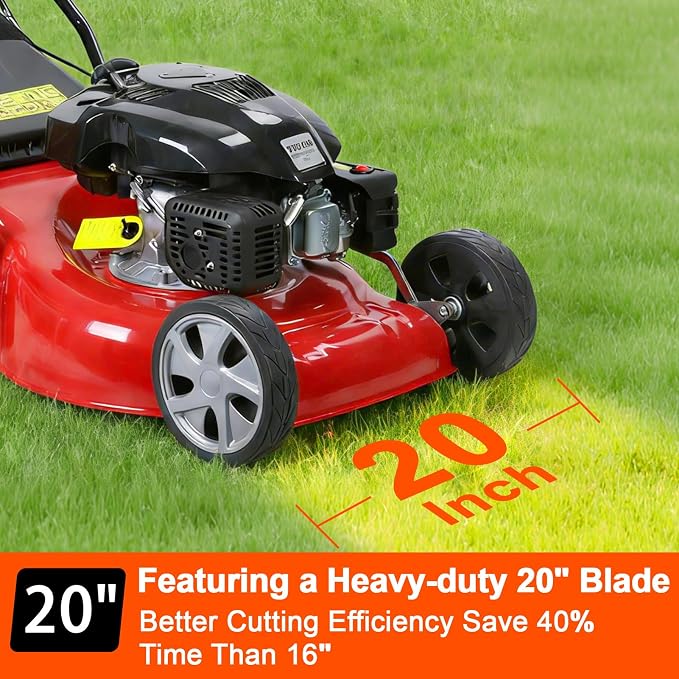 Lawn Mower Gas Powered, Gas Mower with 50l Grass Bag Big Wheels, 141cc 3-in-1 Cordless Gas Engine Mowers with 20" Blade, Self Propelled Walk-Behind Push Mower for Hills 2850RPM (Upgraded 01)