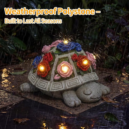 Solar Garden Decor Outdoor Turtle Statue with Multi-Color Rose Flowers & 7 LED Lights – Outside Tortoise Decoration for Lawn Yard Patio Backyard - Home House Art - Gift for Men Dad Women Mom