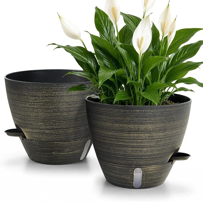 ZMTECH 10 Inch Self Watering Pots for Indoor/Outdoor Plants, Gold Bronze Large Plastic Planter with Water Level Indicator, Drainage Hole & Removable Saucer for Garden Flowers, Deco Plant Container