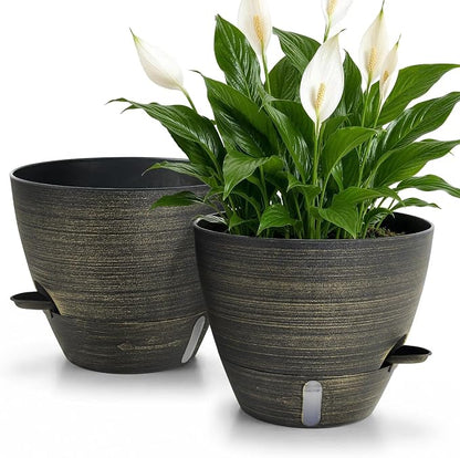 ZMTECH 10 Inch Self Watering Pots for Indoor/Outdoor Plants, Gold Bronze Large Plastic Planter with Water Level Indicator, Drainage Hole & Removable Saucer for Garden Flowers, Deco Plant Container