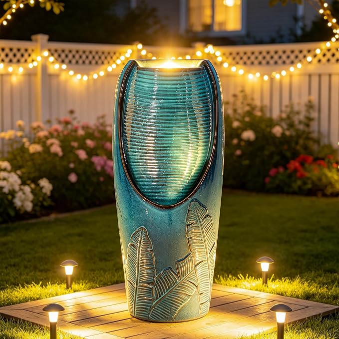 32" H Outdoor Garden Fountain with LED Lights, Modern Ceramic Jar Water Fountain, 3D Tropical Leaf Pattern, Teal Blue Glaze, Soothing Cascading Waterfall for Relaxing Patio, Yard, Porch