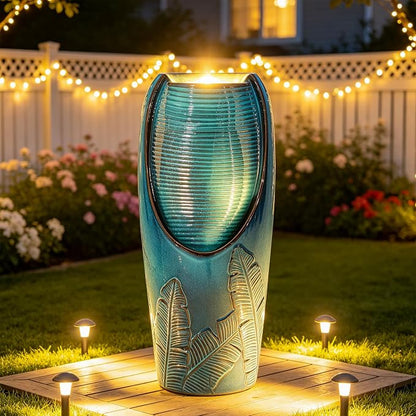32" H Outdoor Garden Fountain with LED Lights, Modern Ceramic Jar Water Fountain, 3D Tropical Leaf Pattern, Teal Blue Glaze, Soothing Cascading Waterfall for Relaxing Patio, Yard, Porch