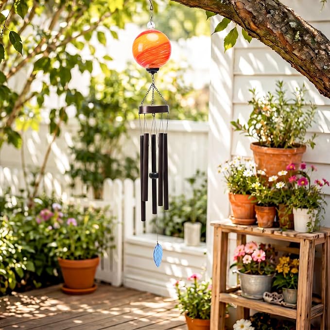 MUMTOP Solar Wind Chime for Outsides, 35" Glass Windchimes with Solar LED Lights Decorative Hanging Wind Bell for Porch Patio and Garden Decor, Orange