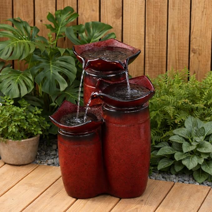 Teamson Home 3 Tiered Floor Water Glazed Pots Fountain with LED Lights and Pump for Outdoor Patio Garden Backyard Decking Décor, 20 inch Height, Gradient Red | Glazed Pots, LED Lights, Pump Included, Outdoor Patio Garden Backyard Decking Décor