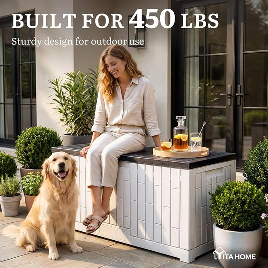 YITAHOME Large Deck Box 120 Gallon Resin Outdoor Storage Box | Patio Storage Bin for Outdoor Pillows, Garden Tools and Pool Supplies, Waterproof, Lockable, Grayish-White