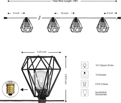 JONATHAN Y 10' Black LED String Lights, 10-Light Indoor/Outdoor Set for Patio Deck, Modern Iron Diamond Cage Shade, Weather-Resistant, Connectable, UL Listed JYL8705A