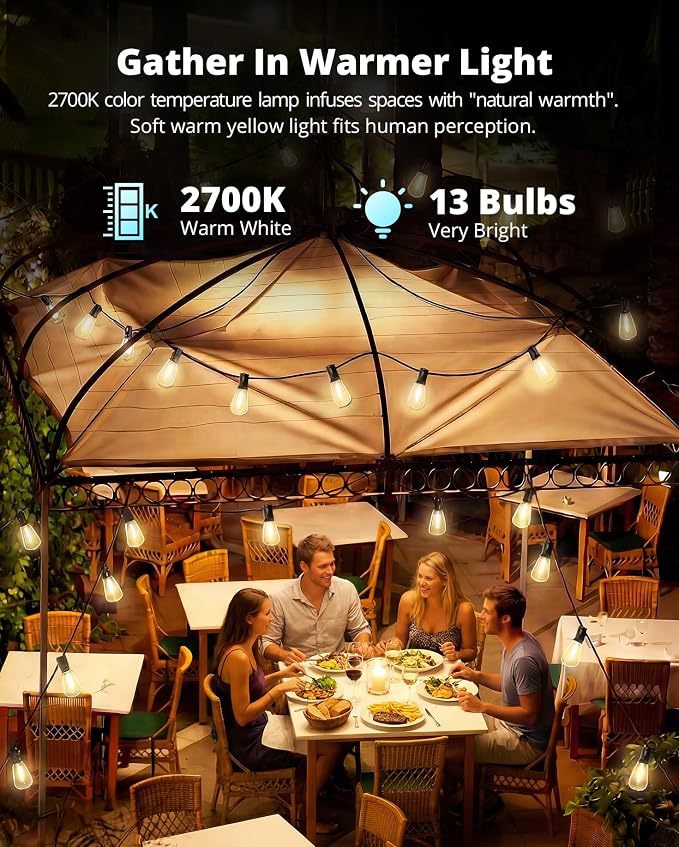 VIPAR Outdoor String Lights 30FT LED Patio Lights Waterproof with 13+1 Shatterproof ST38 Edison Bulbs, Connectable Outside Hanging Light for Porch, Garden, Backyard, Deck, Balcony, Decor, 2700K