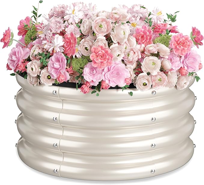 2 x 2 x 1 ft Round Raised Garden Bed, White 1 Pack 0.6 mm Thick Galvanized Steel Planter Box with Double Layer Paint and Safety Edge Trim for Vegetables Flowers Herbs Outdoor Garden