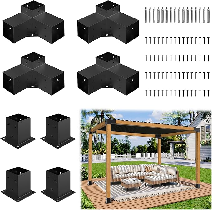JEXALINE Aluminum Pergola Kit for 4"x4" Lumber, Heavy Duty Pergola Brackets with 3-Way & 4-Way Corner Brackets, DIY Gazebo Kit for Outdoor Patio Backyard Garden, Fits Actual 3.6" x 3.6" Wood