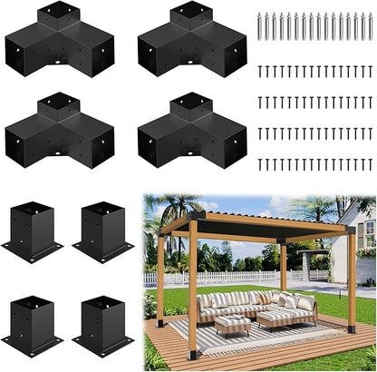 JEXALINE Aluminum Pergola Kit for 4"x4" Lumber, Heavy Duty Pergola Brackets with 3-Way & 4-Way Corner Brackets, DIY Gazebo Kit for Outdoor Patio Backyard Garden, Fits Actual 3.6" x 3.6" Wood