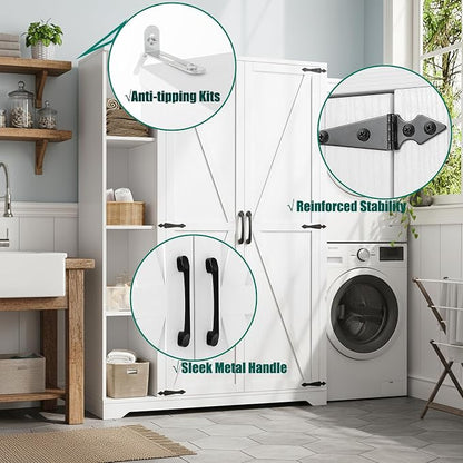 YITAHOME Wooden Garage Broom Cabinets with Adjustable Shelves, Multifunctional Organizer for Ironing Boards and Vacuum Cleaners, Tool Storage Cabinet for Gym, Basement, Warehouse, Oak White | Adjustable Shelves, Fits Ironing Board & Vacuum, Multifuncti...