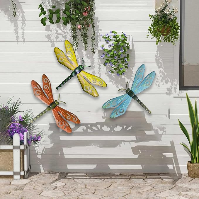 PLASUPPY Metal Dragonfly Wall Decor Outdoor Garden Fence Art Hanging Decorations for Patio, Yard, Indoor Home, Living Room, Bedroom, 3 Pack (Small)