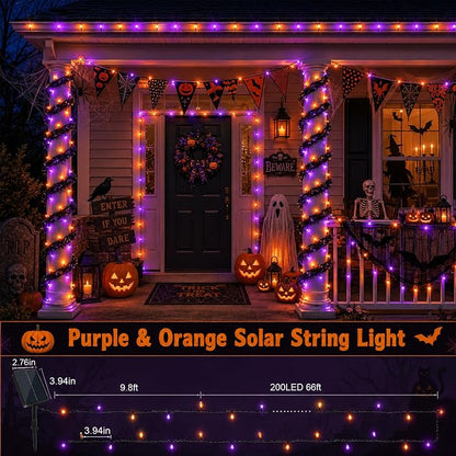 2Pack Solar Halloween String Lights Outdoor, 132ft 400LEDs Purple & Orange String Light with 11 Modes, Waterproof Patriotic Solar Lights for Garden Yard Pathway Fence Party Memorial Day
