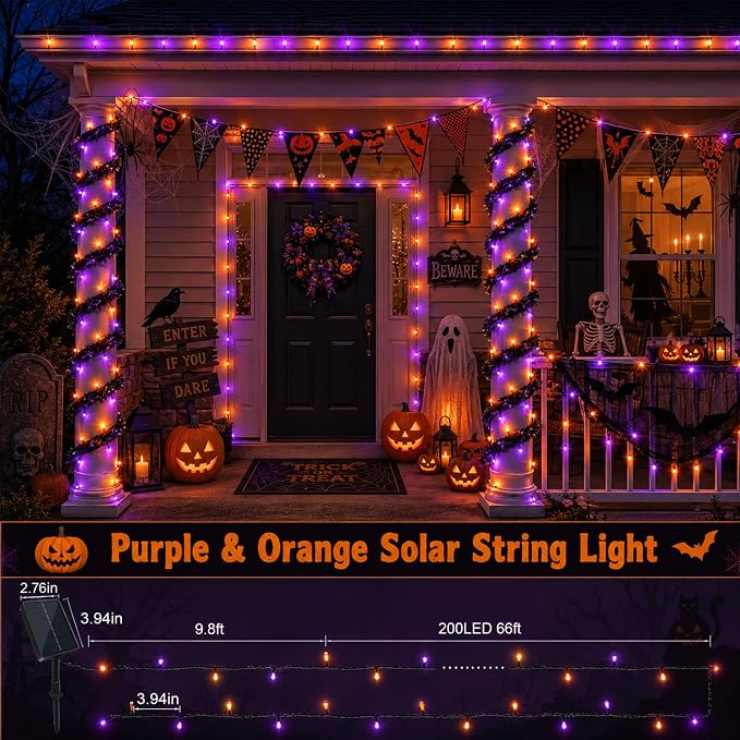 Solar Halloween String Lights Outdoor, 66ft 200LEDs Purple & Orange String Light with 11 Modes, Waterproof Patriotic Solar Lights for Garden Yard Pathway Fence Party Memorial Day