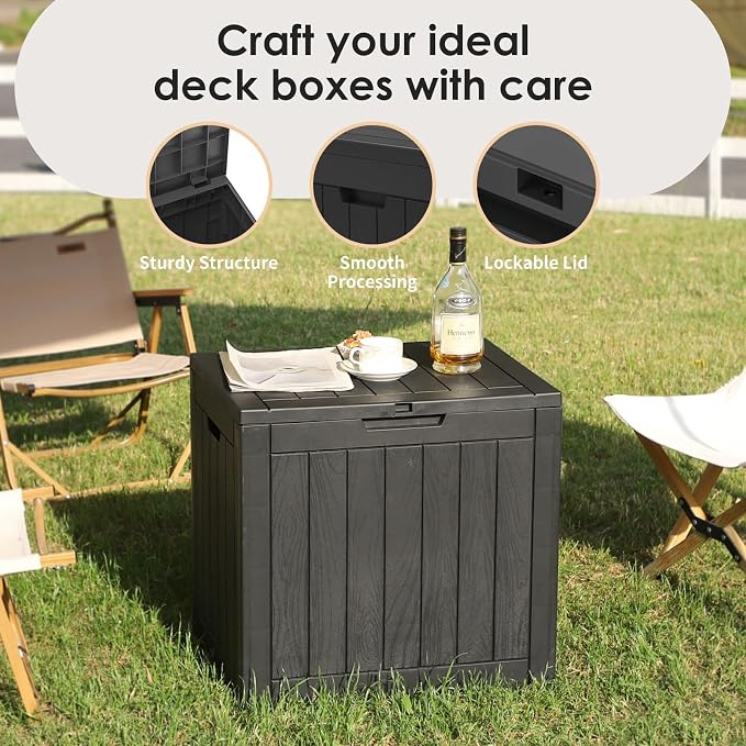 30 Gallon Deck Box, Waterproof Resin Outdoor Storage Box Lockable for Patio Furniture, Fade Resistant Patio Side Table & Organizer for Garden Tools, Pool Floats, Outdoor Cushions, Black