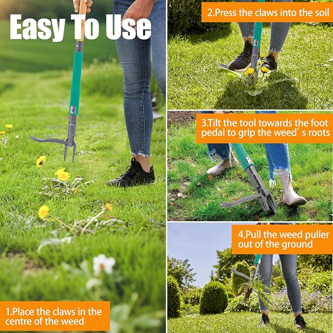 Pragmatist Stand Up Weed Puller Tool with Dual Weed Eject Tech, 4 Claw Steel Head Garden Tools 57.1" Long Handle Weeder, Heavy Duty No Bend Weed Remover for Dandelions, Thistles, Lawn and Yard
