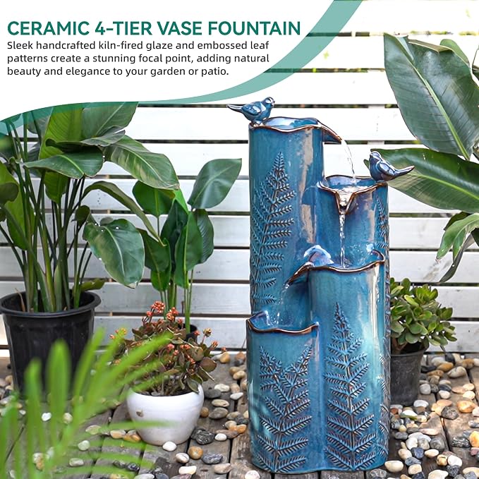 Autodaya 32" H 4-Tier Vase Ceramic Outdoor Water Fountain with LED Lights | Cascading Waterfall with Turquoise Glaze, Fern Pattern-Texture, Upgraded Pump, Bird Water Feature for Garden Patio Yard Porch