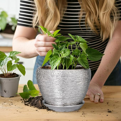 Ceramicfor Ceramic Planter - 6 Inch Plant Pot Indoor with Drainage Hole and Saucer Outdoor Pot for Plants Round Decorative Planter Modern Mid-Century Flower Pot for Office Decor Silver