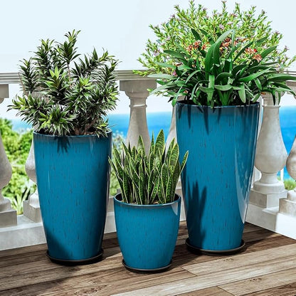 QCQHDU 24,21,11 inch Large Planters with Drainage Hole & Saucer, Set of 3 Plant Pots Tall Planter for Indoor & Outdoor Plants Home Modern Decor