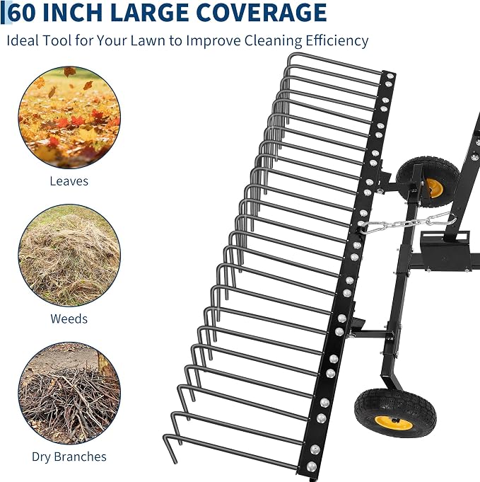60-Inch Tow-Behind Landscape Rake, Heavy-Duty Steel Dethatcher & Pine Straw Rake for ATV, UTV, and Garden Tractors
