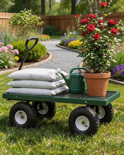 GarveeTech 400LBS Heavy Duty Steel Garden Cart, Garden Wagon Cart on Wheels, Metal Yard Utility Wagon with Removable Mesh Sides, 10" All Terrain Tires, 180° Rotating Handle for Lawn, Garden, Farm
