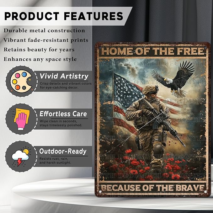 Vintage Army Tin Sign Home of the Free Because of the Brave Retro Wall Decor Nostalgic Art Funny Rustic Metal Poster Garage Store Cafe Happy Veterans Day Pubs Yard Toilet Bedroom 12 * 16inch