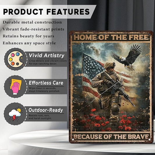Vintage Army Tin Sign Home of the Free Because of the Brave Retro Wall Decor Nostalgic Art Funny Rustic Metal Poster Garage Store Cafe Happy Veterans Day Pubs Yard Toilet Bedroom 12 * 16inch