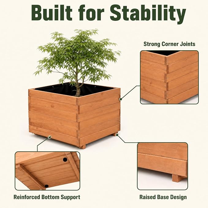23.62" Square Wooden Planter Box, Planters for Outdoor Plants | Fir Wood Outdoor Garden Bed with 2 Drainage Holes Reinforced Bottom Support