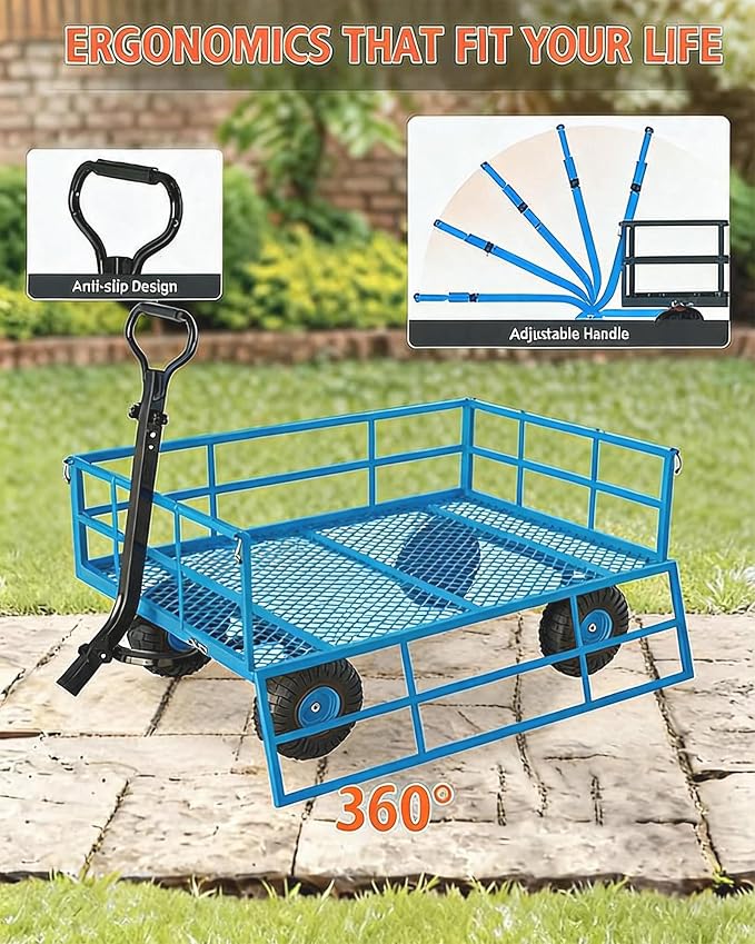 Garvee Steel Garden Cart, 1200 LBS Capacity Utility Outdoor Wagon, Heavy Duty Mesh Garden Wagon with Removable Sides, 2-in-1 Handle, 13" Tires for Yard, Lawn, Garden