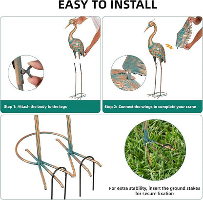 36.8" Metal Crane Garden Statue, Extra-Large Heron Yard Art | Handcrafted Blue Heron with U-ground Stakes for Stability. Weatherproof Iron Bird Art for Backyard, Lawn, Pond, or Patio.
