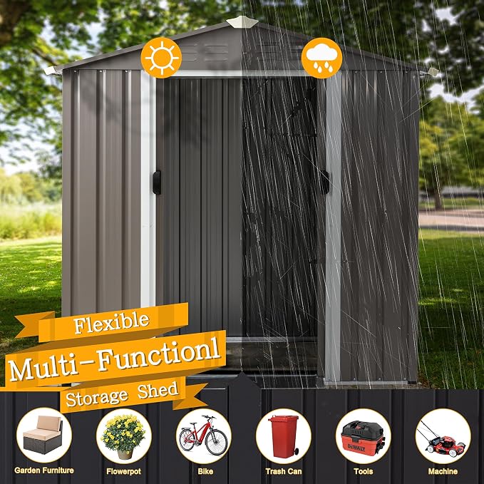 Shintenchi 6x4 FT Outdoor Storage Shed with Window, Lockable Outdoor Waterproof Tool Storage Sheds, Weather Resistant Tool Storage House Shed for Garden, Backyard,Patio Utility Tool Storage,Dark Gray