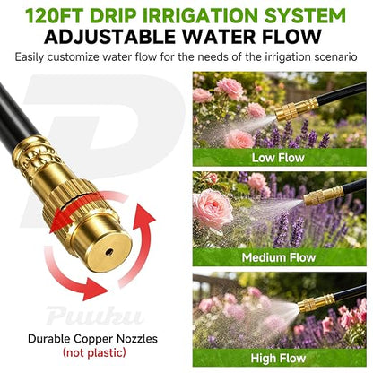 120FT Drip Irrigation System for Garden, 360° Bendable Garden Watering Kit